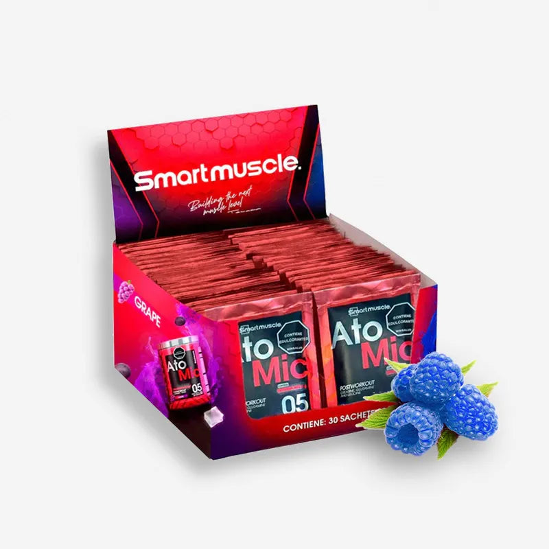 CAJA ATOMIC SACHETS X30 UNIDADES SABOR BLURASBERRY – SMART MUSCLE