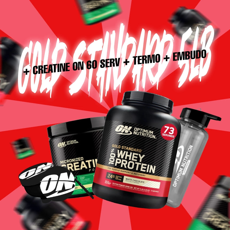 COMBO GOLD STANDARD WHEY 5 LB + TTERMO Y EMBUDO + CREATINE OPTIMUM 60 SERV