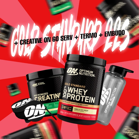COMBO GOLD STANDARD 22 SERV + LTERMO Y EMBUDO + CREATINE OPTIMUM 60 SERV